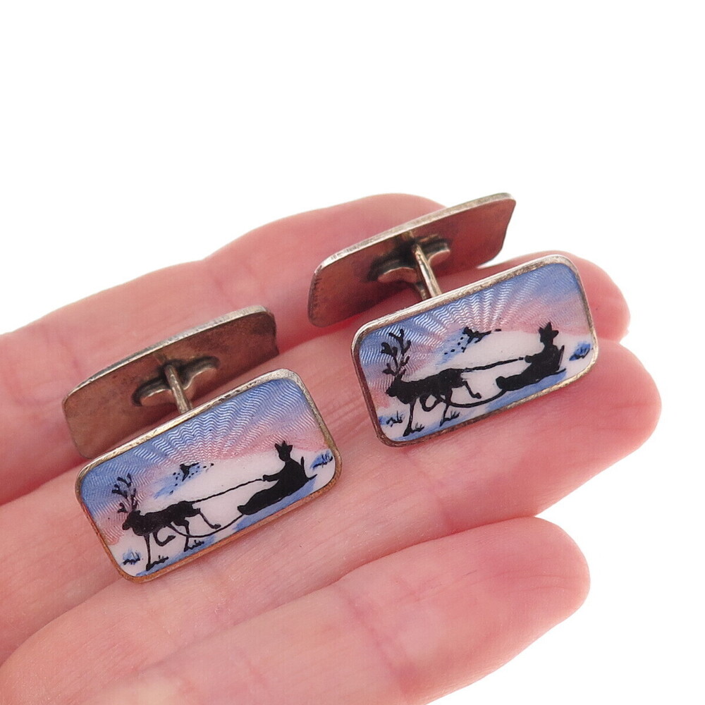 Aksel Holmsen 925S Sterling Gold Plated Vintage Norway Enamel Reindeer Cufflinks
